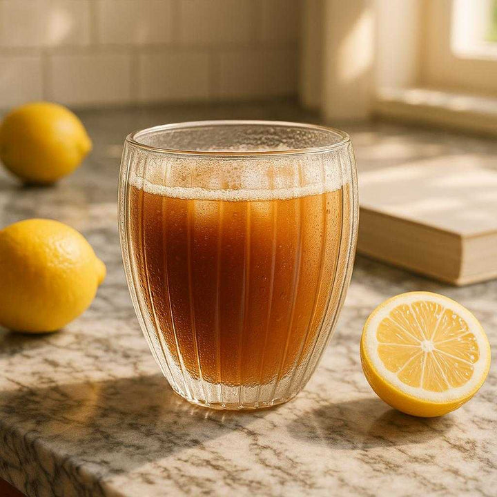 Kaffeglas med dobbeltvægget design - Perfekt til varme og kolde drikke, transparent og moderne. A close-up of the modern kaffeglas filled with iced tea, resting on a marble countertop with condensation forming on the outer wall, surrounded by fresh lemons and a book in a sunlit kitchen.