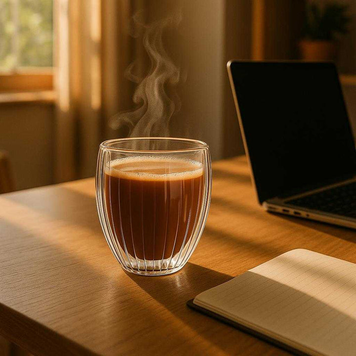 Kaffeglas med dobbeltvægget design - Perfekt til varme og kolde drikke, transparent og moderne. The transparent, double-walled kaffeglas is filled with steaming coffee, placed on a wooden table beside an open laptop, casting a soft shadow in a cozy home office with warm morning light streaming through the window.