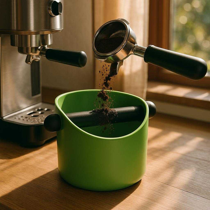 Kaffegrumsbeholder - Praktisk og stilfuld løsning til bortskaffelse af kaffegrums: A cozy kitchen setting in the early morning light, where the Kaffegrumsbeholder is placed on a wooden countertop next to a modern coffee machine.