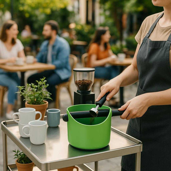 Kaffegrumsbeholder - Praktisk og stilfuld løsning til bortskaffelse af kaffegrums: An outdoor café scene during a sunny afternoon, where the Kaffegrumsbeholder is discreetly situated on a café bar cart alongside coffee mugs, a grinder, and potted plants.