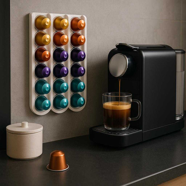 Kaffekapselholder med plads til 20 kapsler - Moderne design i hvid plast. In a stylish, contemporary kitchen, the coffee capsule holder is mounted beside a sleek espresso machine, filled with colorful capsules and surrounded by the aroma of freshly brewed coffee.