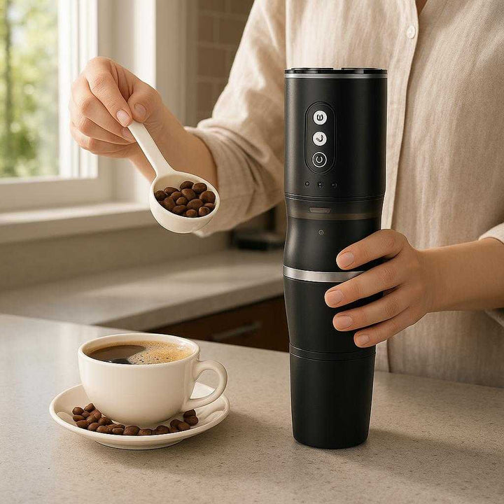 Kaffemaskine i sort og sølv, plastik og metal, bærbar med 3-i-1 funktion: A realistic kitchen setting where the product is properly grounded on a sleek countertop, being actively used by a person to prepare a fresh cup of coffee, with natural morning light streaming through a window, casting realistic shadows and showing clear contact points where the product touches the surface.