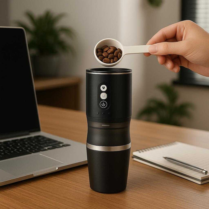 Kaffemaskine i sort og sølv, plastik og metal, bærbar med 3-i-1 funktion: A different realistic office setting where the product is securely positioned on a wooden desk, being naturally placed next to a laptop and a notepad, depicting a busy work environment.