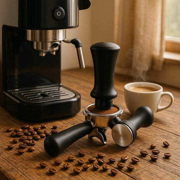 Kaffestamper i moderne design - Justerbar dybde for perfekt espresso hver gang: A cozy kitchen setting, where the modern espresso tamper is placed next to a sleek espresso machine on a rustic wooden countertop.