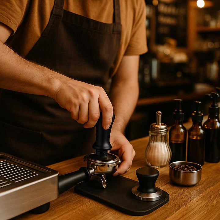 Kaffestamper i moderne design - Justerbar dybde for perfekt espresso hver gang: A vibrant coffee shop environment, where the adjustable espresso tamper is being used by a skilled barista behind a stylish coffee bar.