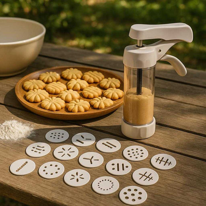 Kageformspistol i moderne design - nem at bruge, skaber forskellige former, giver ensartede resultater: A different realistic picnic setting where the kageformspistol is securely positioned on a picnic table, being naturally placed next to a selection of freshly baked cookies with various designs.