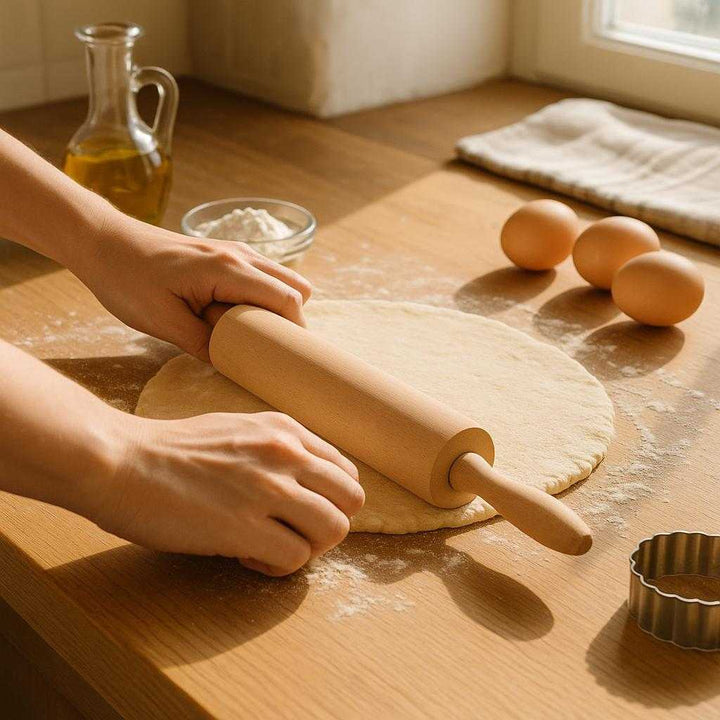 Kagerulle i Bøgetræ - Klassisk og Holdbar med Ergonomiske Håndtag: A realistic kitchen setting where the Kagerulle i Bøgetræ is properly grounded on a wooden kitchen counter, being actively used by hands to roll out dough.