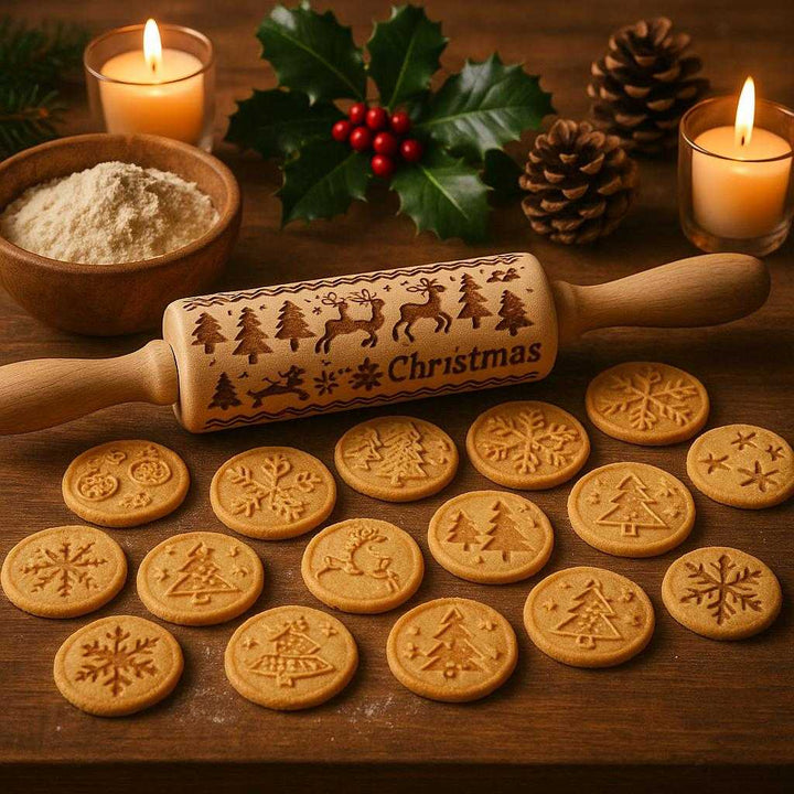Kagerulle med Julemønster i Træ til Småkager - Høj Kvalitet med Mønstrede Varianter: A different realistic holiday baking scene where the rolling pin is securely positioned on a dining table surrounded by assorted baked cookies with Christmas patterns.