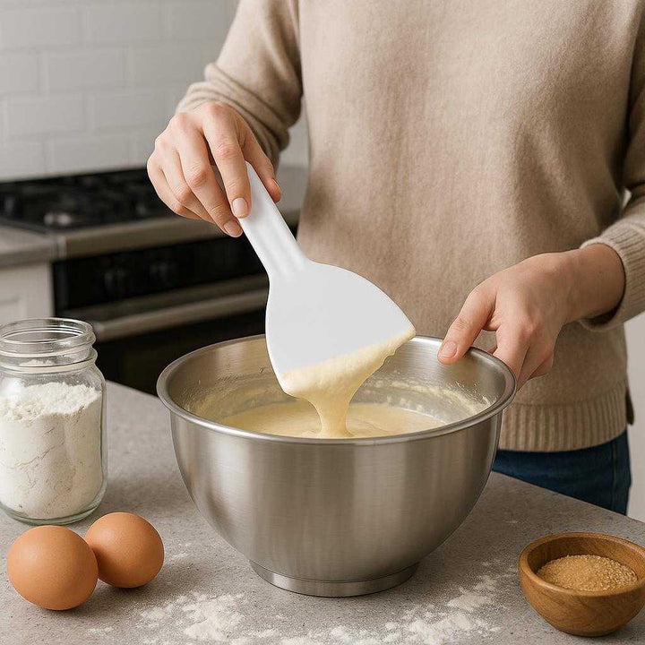 Kageskraber i høj kvalitet - Moderne design, let at rengøre, holdbar plastik, hvid farve. The high-quality white plastic scraper is being used to scrape excess batter off a mixing bowl in a modern kitchen, with flour and ingredients visible on the counter.
