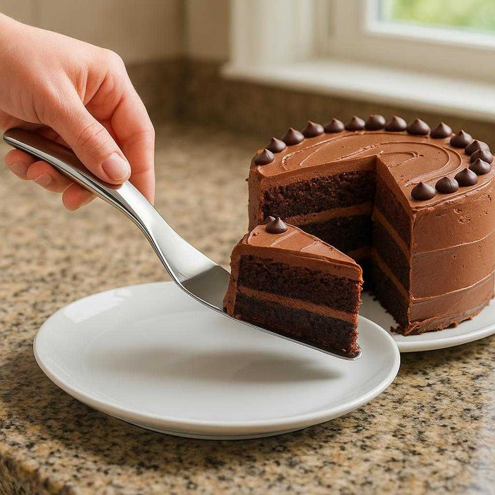 Kagespade i rustfrit stål med ergonomisk håndtag - Professionel servering: A realistic kitchen counter setting where the stainless steel cake server with an ergonomic handle is properly grounded on a granite countertop, being actively used by a person to serve a slice of rich chocolate cake onto a plate.