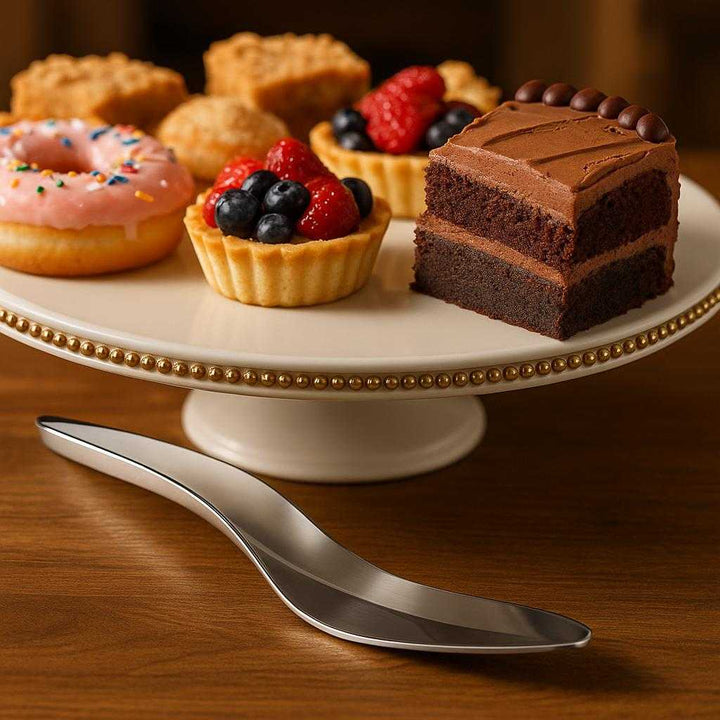 Kagespade i rustfrit stål med ergonomisk håndtag - Professionel servering: A different realistic dessert buffet setting where the cake server is securely positioned on a wooden table, naturally placed beside an elegantly decorated cake stand filled with assorted pastries.