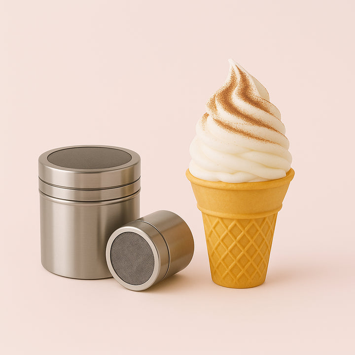 Enhanced Kakaodrysser i Rustfrit Stål - Professionel Kakaodrys til Kaffe & Softice. The sleek stainless steel cocoa shaker sits elegantly next to a soft-serve ice cream cone, with a hint of cocoa dusted on top, in a bright, cheerful ice cream parlor.