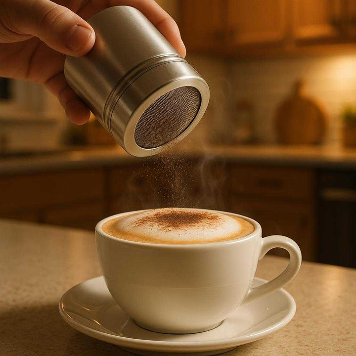 Kakaodrysser i Rustfrit Stål - Professionel Kakaodrys til Kaffe & Softice. The stainless steel cocoa shaker is held over a steaming cup of cappuccino on a kitchen counter, with cocoa powder sprinkling smoothly on the foam, framed by a cozy kitchen setting with warm lighting.