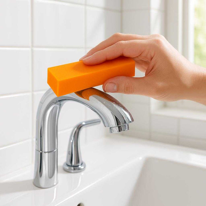 Kalkfjerner Svamp - Effektiv Rengøring af Fliser og Armaturer i Moderne Orange Farve. A modern bathroom setting with sleek, white tiles and a gleaming chrome faucet. The orange cleaning sponge is being used by a hand to effortlessly remove limescale from the faucet, showcasing its effectiveness. Sunlight streams through a nearby window, casting soft, natural light that reflects off the clean surfaces, enhancing the cleanliness of the scene.