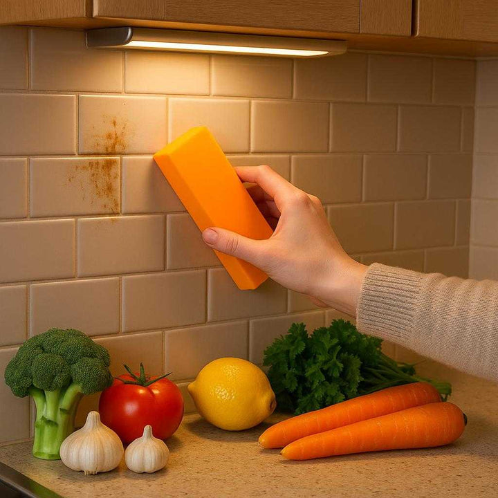 Kalkfjerner Svamp - Effektiv Rengøring af Fliser og Armaturer i Moderne Orange Farve. In a contemporary kitchen, the orange sponge is skillfully removing stains from a tiled backsplash behind a counter with fresh fruits and vegetables. The scene is warmly lit with under-cabinet lighting, emphasizing the sponge's vibrant color and its utility in maintaining a pristine kitchen environment. The surroundings hint at a well-used, yet exquisitely maintained kitchen space.