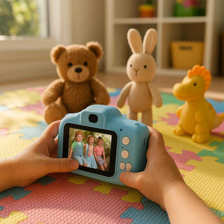 Kamera til Børn – Digitalt Spil- og Videokamera med Farverigt Design og Læringsfunktioner: A realistic children's playroom where the Kamera til Børn is properly grounded on a colorful play mat, being actively used by a child's hands.