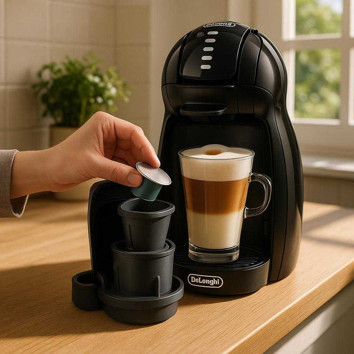 Kapsel Adapter i Plastik og metal - Hurtig Brygning og Flere Smagsmuligheder - Adapter-Kapsler-A/B/C: A realistic kitchen counter scene where the Kapsel Adapter is properly grounded on a wooden counter, actively used by a person inserting a coffee pod into the adapter on a sleek coffee machine.