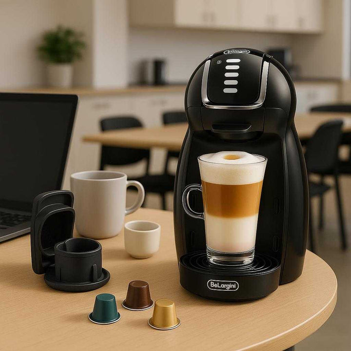 Kapsel Adapter i Plastik og metal - Hurtig Brygning og Flere Smagsmuligheder - Adapter-Kapsler-A/B/C: A different realistic office break room setting where the Kapsel Adapter is securely positioned on a small round table beside a laptop, used to brew a variety of coffee flavors with a modern coffee maker.