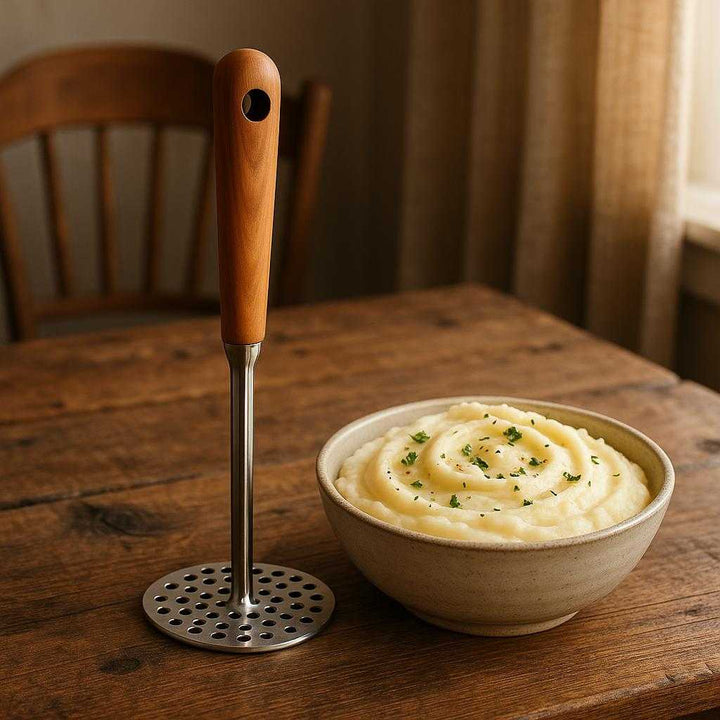 Kartoffelmoser i rustfrit stål med træhåndtag – Ergonomisk og robust design til køkkenet. The potato masher is elegantly displayed on a rustic wooden kitchen table, with a bowl of creamy mashed potatoes beside it, garnished with herbs and set against a cozy dining backdrop.