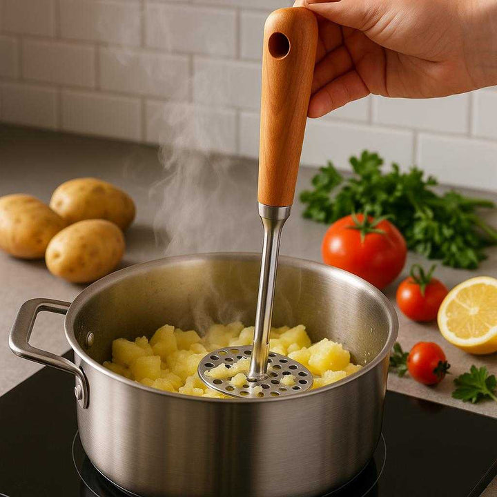 Kartoffelmoser i rustfrit stål med træhåndtag – Ergonomisk og robust design til køkkenet. The stainless steel potato masher with a wooden handle is actively being used in a modern kitchen, mashing boiled potatoes in a pot with steam rising, surrounded by fresh ingredients on the countertop.