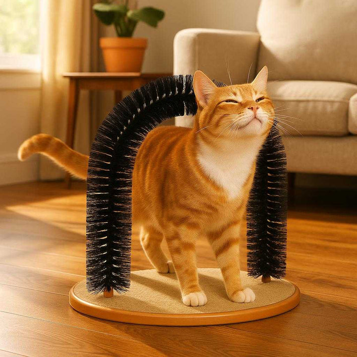 Katte Bue i Plastik, Syntetiske Børster og Træbase - 1 stk - Standard Kvalitet: A realistic living room setting where the product is properly grounded on a wooden floor, being actively used by a playful orange tabby cat rubbing against the arch.