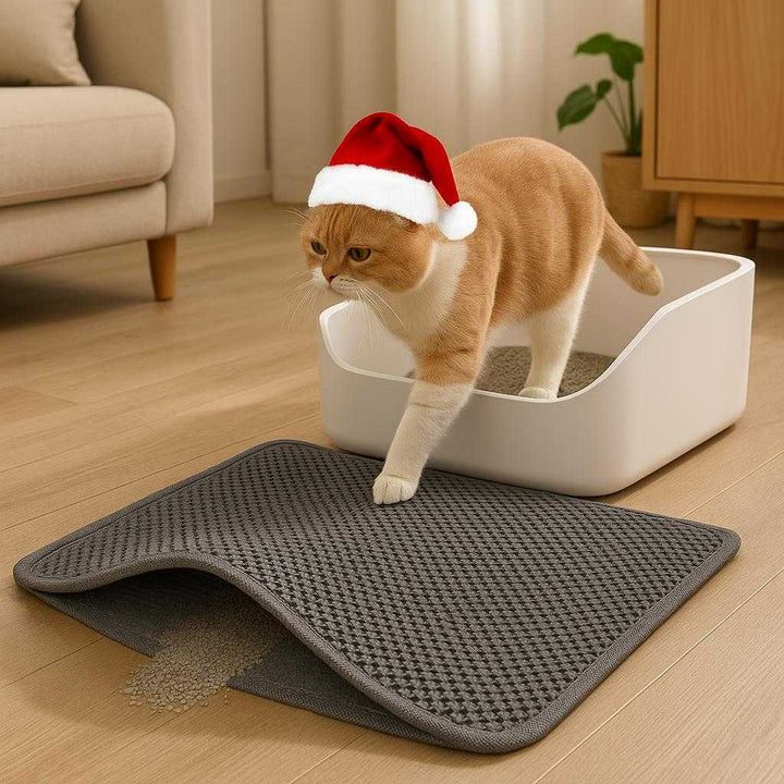 Kattebakkeunderlag i moderne design - Effektiv opsamling af kattegrus, let at rengøre, skånsom for poterne - Tilgængelig i Sort, Khaki, Grå: A realistic modern living room with wooden flooring where the cat litter mat is properly grounded in front of a sleek, modular cat litter box.