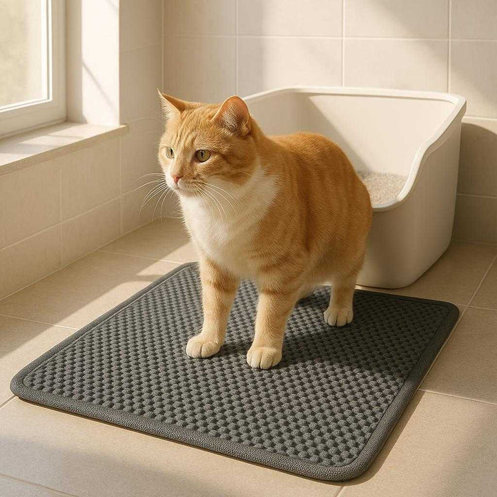 Kattebakkeunderlag i moderne design - Effektiv opsamling af kattegrus, let at rengøre, skånsom for poterne - Tilgængelig i Sort, Khaki, Grå: A different realistic bathroom setting with a tiled floor where the cat litter mat is securely positioned in front of an open litter box.
