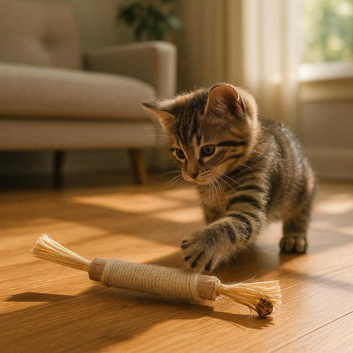 Kattelegetøj: Interaktivt Fjer og Bold Legetøj - Perfekt Til Aktive Katte og Killinger: A realistic living room setting where the interactive cat toy is properly grounded on a hardwood floor, being actively batted at by a playful kitten.