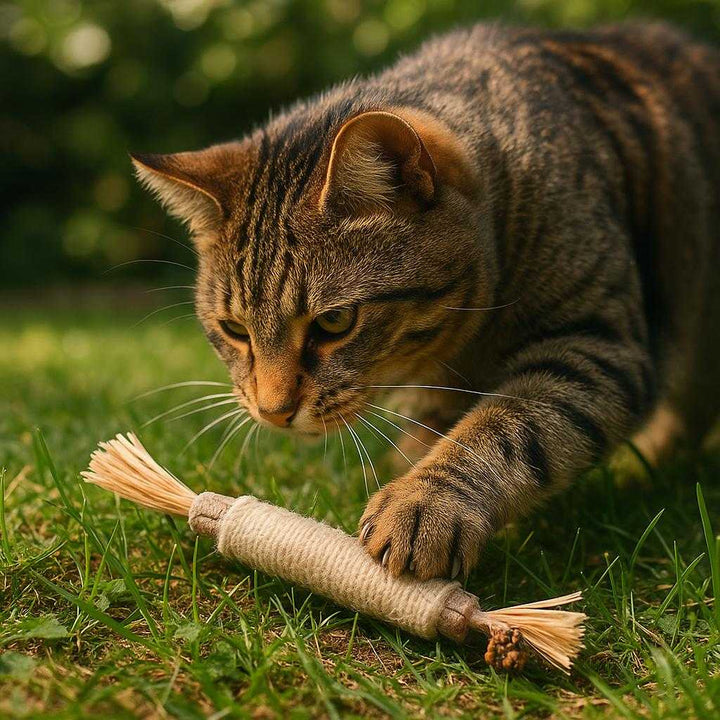 Kattelegetøj: Interaktivt Fjer og Bold Legetøj - Perfekt Til Aktive Katte og Killinger: A different realistic garden setting where the cat toy is securely positioned on a grassy patch, with an adult cat engaging with it energetically.