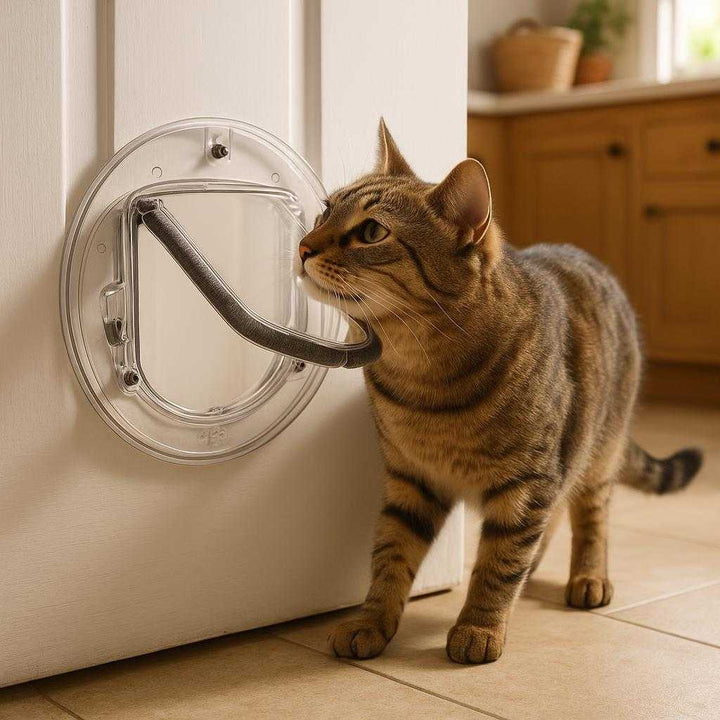 Kattelem med 4-vejs Lås - Sikker og Praktisk Løsning for Katte og Små Hunde: A realistic home setting where the cat flap is properly installed in a door, with a cat curiously exploring and gently pushing the flap open with its nose, highlighting the 4-way lock feature.