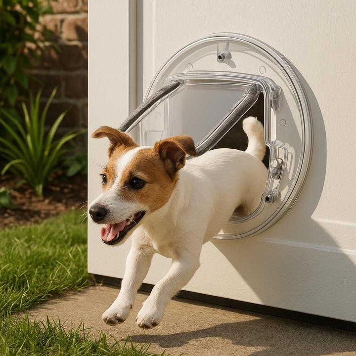 Kattelem med 4-vejs Lås - Sikker og Praktisk Løsning for Katte og Små Hunde: A different realistic outdoor setting, showing the cat flap securely positioned on a backyard door.