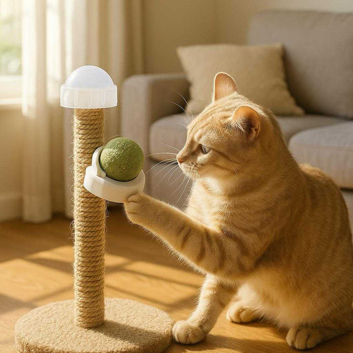 Kattemyntebold - Underholdende og Stimulerende Legetøj til Katte i Grøn og Hvid: A realistic cozy living room where the product is properly grounded on a cat climbing tree, being actively used by a playful cat batting at the ball with its paw, with natural lighting streaming through a window casting realistic shadows and showing clear contact points where the product is attached securely.