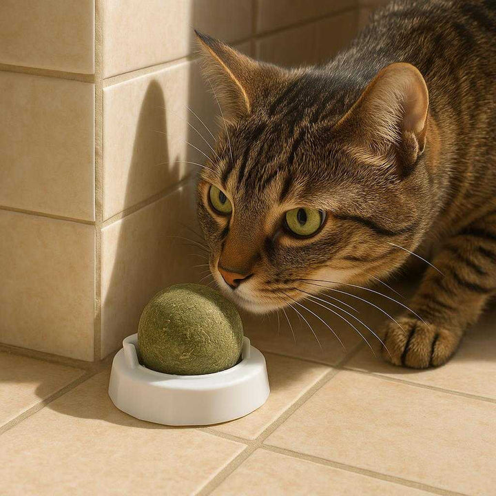 Kattemyntebold - Underholdende og Stimulerende Legetøj til Katte i Grøn og Hvid: A different realistic kitchen setting where the product is securely positioned on the tiled floor corner, placed naturally and being sniffed by an intrigued cat in a believable way, with proper physics and realistic shadows integrating into the sunny environment.