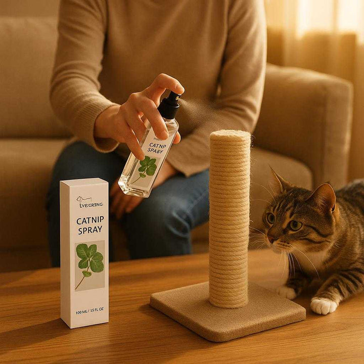Kattemyntespray til katte - Naturlig beroligende duftspray i 100 ml flaske til leg og ro: A realistic living room setting where the catnip spray is properly grounded on a wooden coffee table, being actively used by a person spraying it onto a cat scratching post.