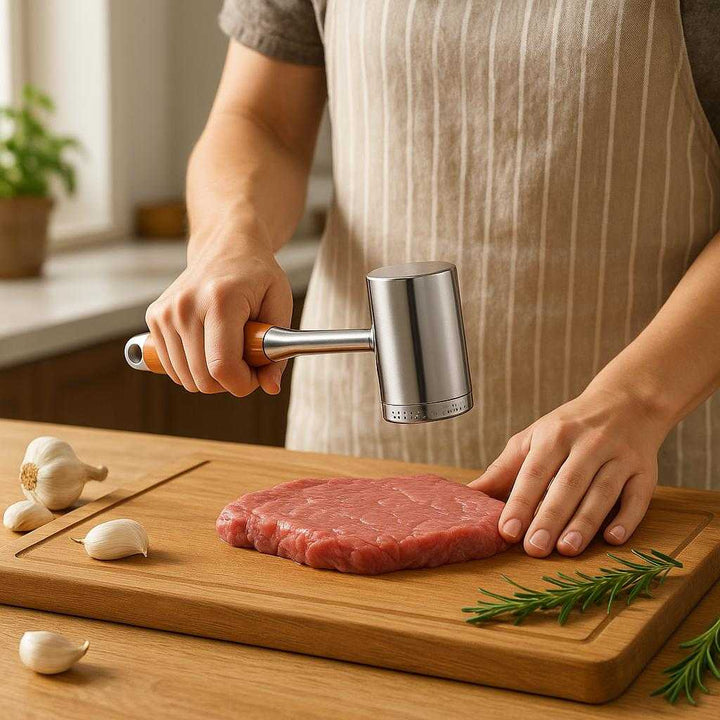 Kødhammer i Rustfrit Stål og Træ - Forbedrer Kødets Tekstur, 1 stk: A realistic kitchen setting where the meat tenderizer is properly grounded on a wooden cutting board, being actively used by a person wearing an apron.