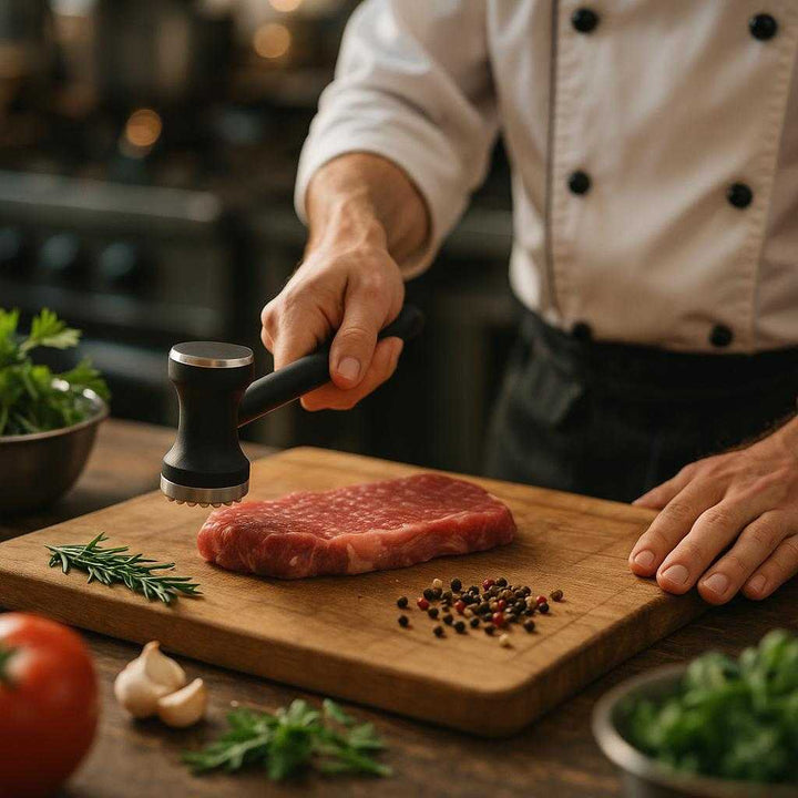 Kødhammer i Sort Metal med Rillet Flade - Professionelt Køkkenredskab til Effektiv Kødforberedelse. In a bustling kitchen, the sleek black metal meat tenderizer is in action as a chef hammers away at a piece of meat on a wooden board, surrounded by fresh herbs and spices.