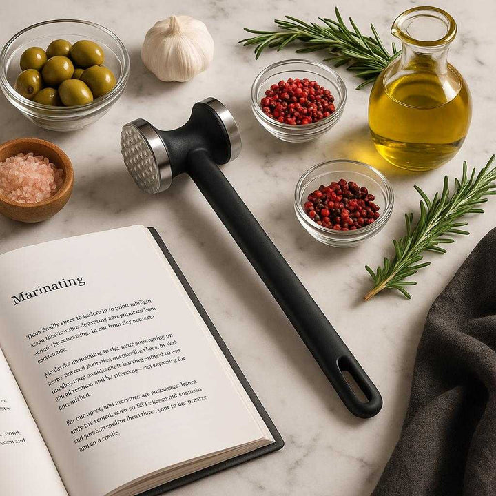 Kødhammer i Sort Metal med Rillet Flade - Professionelt Køkkenredskab til Effektiv Kødforberedelse. On a stylish kitchen counter, the professional black metal meat tenderizer rests beside an assortment of gourmet cooking ingredients, with a cookbook opened to a marinating recipe.