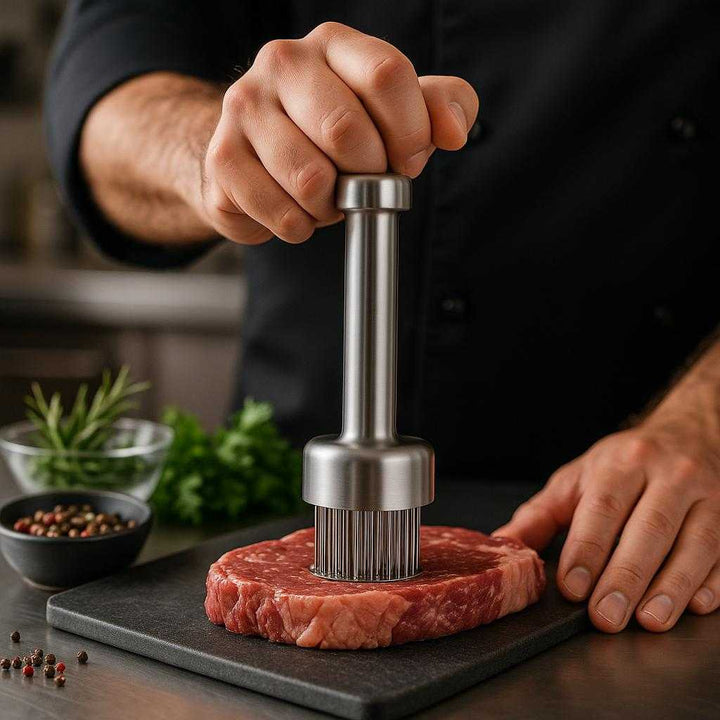 Kødmørner i Rustfrit Stål – Professionelt Tilbehør til Mørt Kød og Effektiv Madlavning. A chef is using the stainless steel meat tenderizer with its sharp pins to prepare a juicy steak in a professional kitchen, with herbs and spices visible in the background.