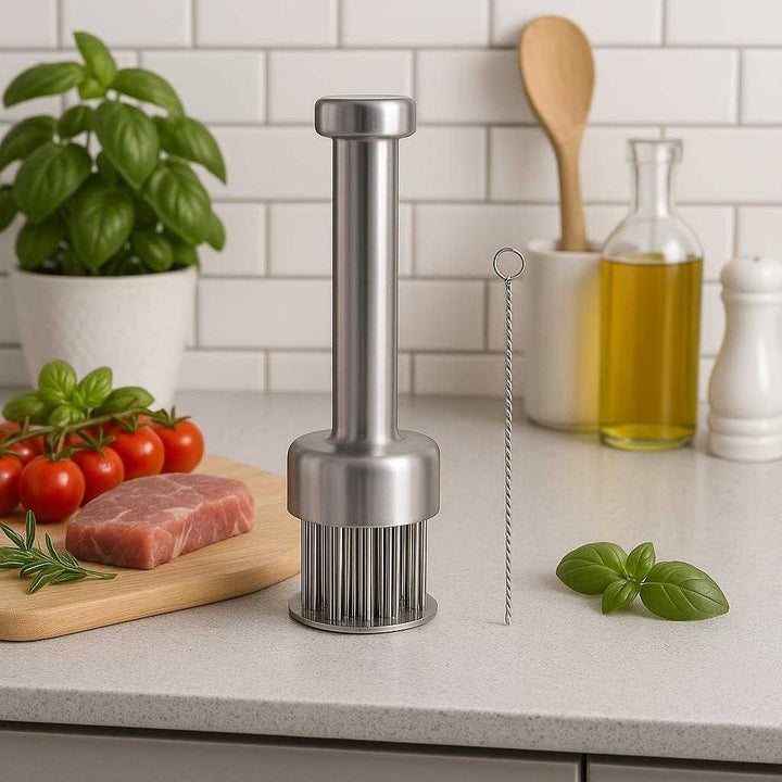 Kødmørner i Rustfrit Stål – Professionelt Tilbehør til Mørt Kød og Effektiv Madlavning. The sleek, stainless steel meat tenderizer is displayed on a modern kitchen counter next to a cutting board, surrounded by fresh ingredients and elegant kitchenware.