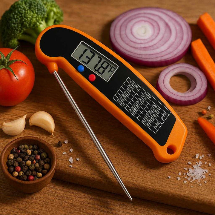 Kødtermometer med Ultrahurtig Aflæsning og Præcision - Bedst i Test og Ideel til Grill. A close-up of the orange digital meat thermometer displaying a reading as it rests on a wooden kitchen counter, with vegetables and spices prepared for a cooking session around it.