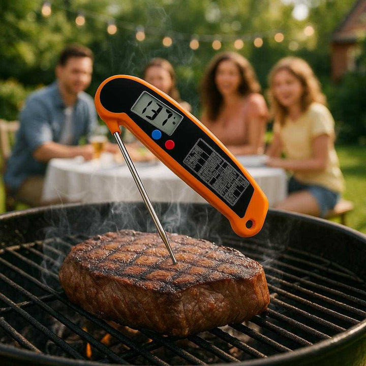 Kødtermometer med Ultrahurtig Aflæsning og Præcision - Bedst i Test og Ideel til Grill. The orange digital meat thermometer is inserted into a juicy steak on a grill, with smoke rising and a summer garden party in the background, showing guests eagerly awaiting the meal.