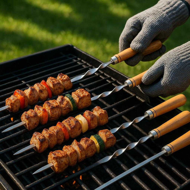 Kebabspyd i Rustfrit Stål med Træhåndtag – Høj Kvalitet Grillredskab til Professionel Madlavning: A realistic backyard barbecue setting where the kebab skewers are properly grounded on a grill, being actively used by a person turning them with gloved hands, with sizzling meats and vegetables on the skewers.
