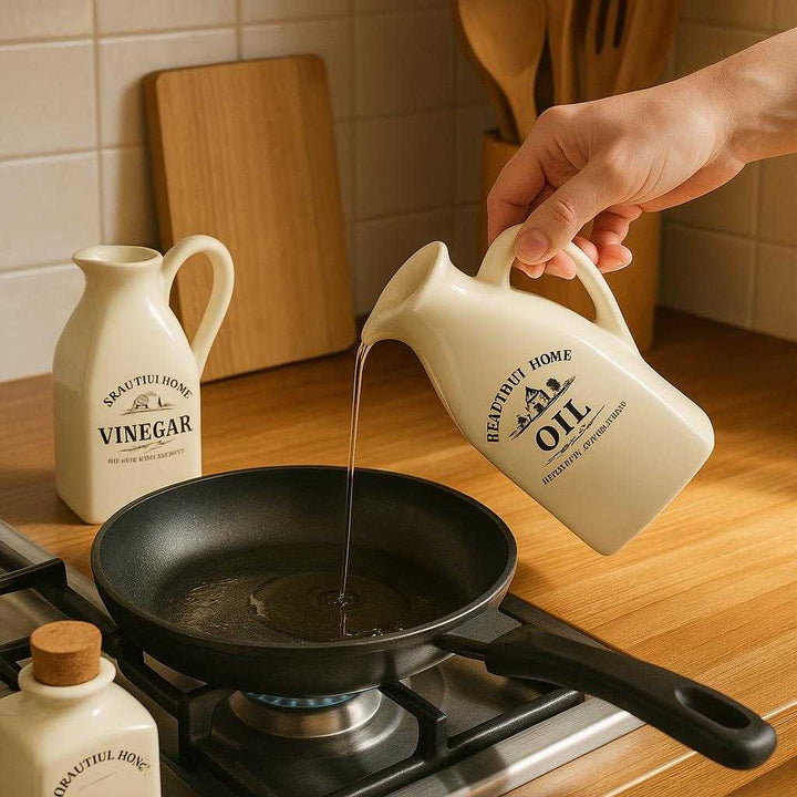 Keramik Olie Dispenser - Hvid og Sort, Æstetisk og Praktisk, Høj Kvalitet: A realistic kitchen setting where the ceramic oil dispenser is properly grounded on a wooden kitchen counter, being actively used by a hand pouring oil into a sizzling pan on a stove.