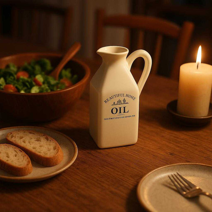 Keramik Olie Dispenser - Hvid og Sort, Æstetisk og Praktisk, Høj Kvalitet: A different realistic dining table setting where the ceramic oil dispenser is securely positioned on a rustic dining table, surrounded by a salad bowl, bread, and a candle.