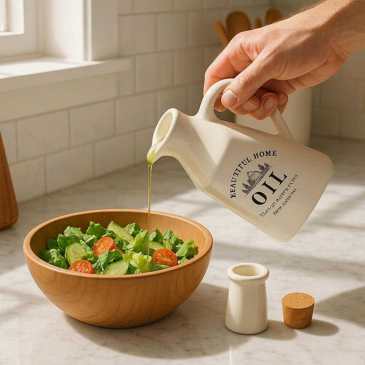 Keramisk Olie Dispenser - Hvid, Keramik & Kork, Æstetisk & Praktisk: A realistic modern kitchen counter where the ceramic oil dispenser is properly grounded on a marble surface, being actively used by a hand pouring olive oil into a salad bowl.