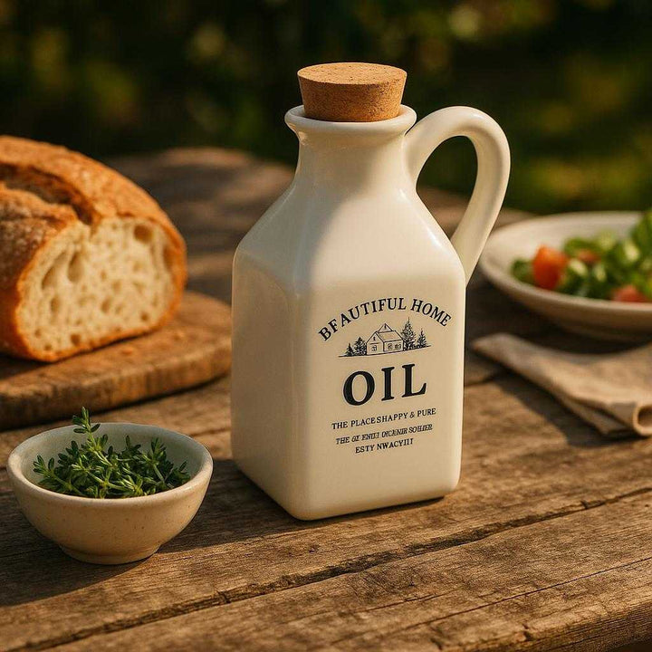 Keramisk Olie Dispenser - Hvid, Keramik & Kork, Æstetisk & Praktisk: An outdoor dining setting where the ceramic oil dispenser is securely positioned on a rustic wooden table during a picnic, placed naturally beside a loaf of fresh bread and a small bowl of herbs.