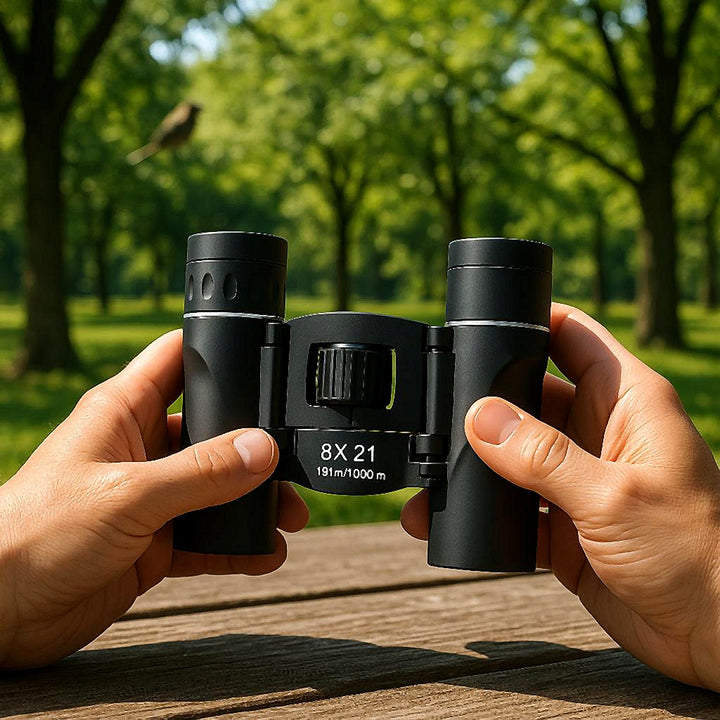 Kikkert 8x21 - Sort/sølv Finish - Perfekt til Fuglekikkeri og Sportsaktiviteter: A realistic outdoor setting in a lush green park where the binoculars are properly grounded on a wooden picnic table, being actively used by a pair of hands to observe birds in the trees.