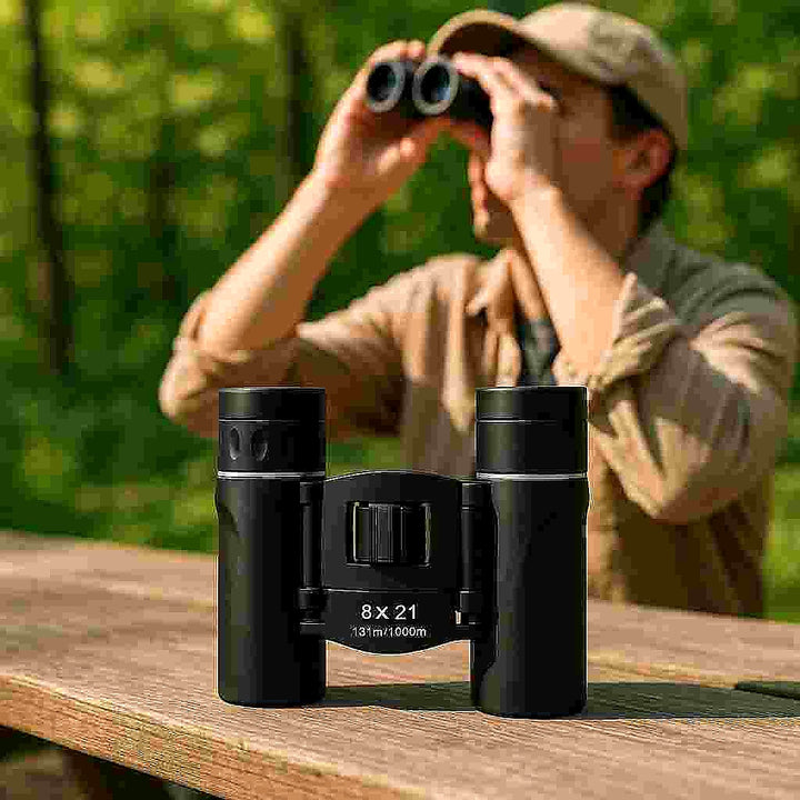 Kikkert 8x21 - Sort/sølv Finish - Perfekt til Fuglekikkeri og Sportsaktiviteter: A realistic outdoor nature setting where the binoculars are properly grounded on a wooden picnic table, being actively used by a person observing birds in a lush green forest.