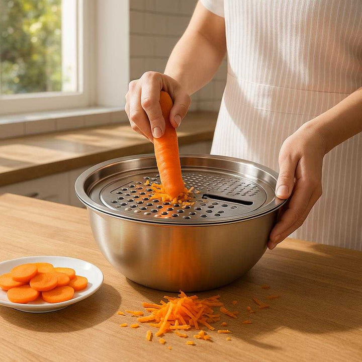 Kitchensæt 3 stk i rustfrit stål og plastik - Hurtig rivning og let rengøring: A realistic kitchen setting where the product is properly grounded on a wooden kitchen counter, being actively used by a person grating a carrot.