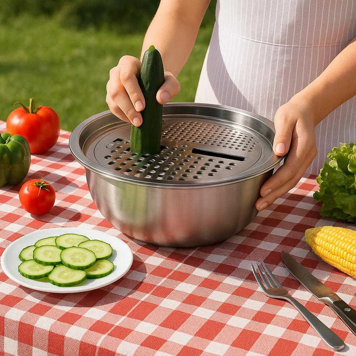 Kitchensæt 3 stk i rustfrit stål og plastik - Hurtig rivning og let rengøring: A different realistic picnic table setup where the product is securely positioned on a red-checkered tablecloth, being naturally placed among fresh vegetables and utensils.